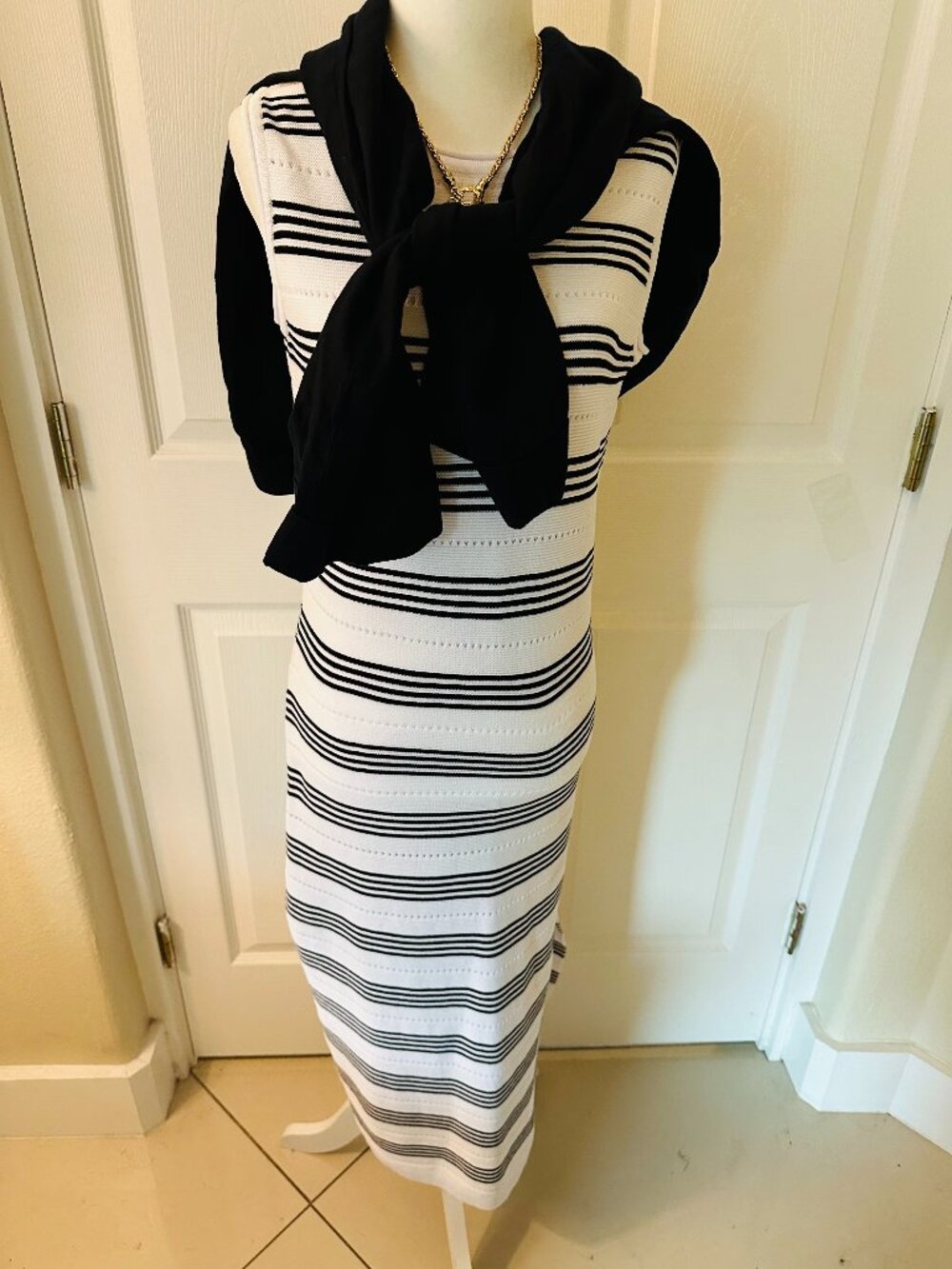 Classy White & Black horizontal stripes knit Maxi Dress - Bold Spring Style, SM